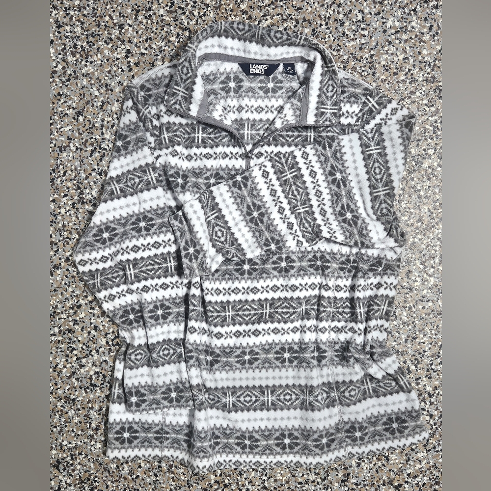 Lands' End Gray and White Nordic Fleece Pullover
